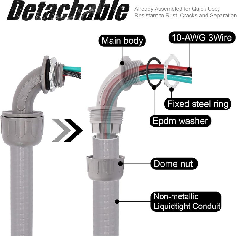 Fuzbaxy 6FT 1/2-Inch Electrical A/C Whip Kit,Nonmetallic Liquid Tight Flexible Electrical Conduit,7.5FT of Connecting Wires 3-Conductor 10-Gauge Wires w/Straight/90 Degree Fittings - Image 3